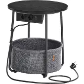 Vasagle Table D'appoint Ronde Avec Station De Recharge, Petite Table Avec Prise, Table Basse, Ports Usb, Panier En Tissu, Salon, Chambre À Coucher,