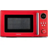 Medion Micro-ondes rétro petit (20 litres, env. 800 watts, 5 niveaux de micro-ondes, 8 programmes automatiques, affichage numérique, fonction décongélation, compact, MD15000) rouge