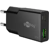 Goobay 75733 USB-C PD GaN chargeur rapide double Slim (25 W) noir, noir - 1x port USB-C (Power Delivery) et 1x port USB-A (Quick Charge)