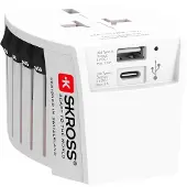 Skross 61664 World Adapter MUV USB 2x USB-A, blanc - Adaptateur compact à 2 pôles pour voyages autour du monde avec 2 ports USB intégrés