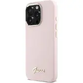 GUESS Etui Silicone Script Metal Logo & Frame pour Iphone 16 Pro Max - Rose