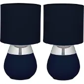 Relaxdays Lampe de table , lot de 2, pied en métal, abat-jour en tissu, culot E14, H x P : 32 x 18 cm, lampe de chevet avec câble, bleu/argent