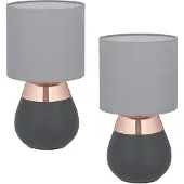 Relaxdays Lampe de table , lot de 2, pied en métal, abat-jour en tissu, culot E14, H x P : 32 x 18 cm, lampe de chevet avec câble, gris/cuivre