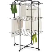 Brabantia HangOn Tower Drying Rack, 23 m (noir mat), séchoir à linge en tour pliable, séchoir sur pied peu encombrant avec roulettes et crochets de suspension