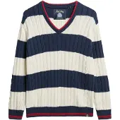 Superdry Cable V Neck Sweater Blanc,Bleu S-M Femme