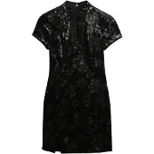 Superdry pour femme. W8012036A Mini robe Mandarin à paillettes noir (L), Casuel, Fête, Polyester, Manche courte