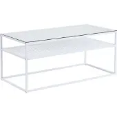 Wohnling Table basse rectangulaire en verre 100 cm blanche Table de salon moderne avec piètement métallique et tablette au design industriel Table basse avec plateau en verre