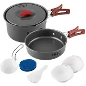Neo Tools 7 in 1 Tourist Casserole, poêle à frire, 2x assiettes, louche, spatule, éponge, Matériel casserole et poêle aluminium anodisé, Matériel assiette, louche et spatule plastique