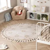 Little Olly Tapis rond lavable pour enfant - Moos Flower Crème | Ø 140cm | Rond | Pile courte