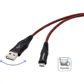Toolcraft Câble USB USB 2.0 USB-A mâle, USB-C mâle 2.00 m noir/rouge Blindage par tresse extrêmement robuste, double face