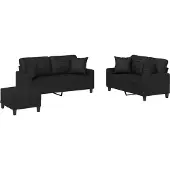 vidaXL Ensemble de canapés 3 pièces avec coussins Noir Similicuir