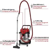 Einhell Aspirateur eau et poussières – 50 L – 230 mbar – 1 300 W – Filtre HEPA – Classe L – Cuve inox