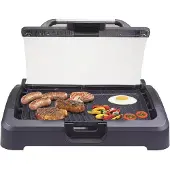 Beper 90.871 Gril électrique avec couvercle en verre | plaque de gril revêtue, acier inoxydable, 2200 W, BBQ, 5 niveaux de température, steak, gril électrique, E-Grill