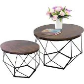 Relaxdays Table basse , lot de 2, aspect bois et métal, style industriel, tables d'appoint rondes, salon, marron/noir