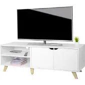 Relaxdays Meuble TV bas , 6 compartiments, meuble TV jusqu'à 60 pouces, L x P x H : 50 x 140 x 40 cm, meuble TV avec passage de câbles, blanc
