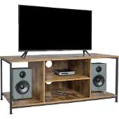 Relaxdays Meuble TV bas , 4 compartiments ouverts, support TV jusqu'à 55 pouces, passage pour câbles, style industriel, meuble TV, marron/noir