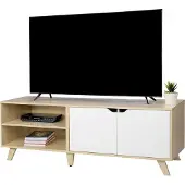 Relaxdays Meuble TV bas , 6 compartiments, meuble TV jusqu'à 60 pouces, L x P x H : 50 x 140 x 40 cm, meuble TV avec passage de câbles, naturel/blanc