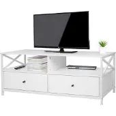 Relaxdays Meuble TV bas , 2 étagères et 2 tiroirs, meuble TV pour écrans jusqu'à 55 pouces, L x P x H : 50 x 120 x 40 cm, meuble TV, blanc