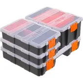 Relaxdays Boîte de rangement , lot de 4, 3 tailles, 49 compartiments, plastique, rangement de petits objets, boîte de rangement, noir/orange