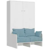 Itamoby Lit Double Escamotable Français Kentaro 140 Cm Avec Canapé En Frêne Blanc, Bleu Clair