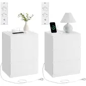 Vasagle Table de chevet, table d'appoint, 3 tiroirs, bord biseauté, 2 prises AC, 2 ports USB, salon, chambre, bureau, moderne, blanc nuage LET631W14