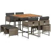 vidaXL Salon de jardin 9 pièces avec coussins Gris Poly Rattan