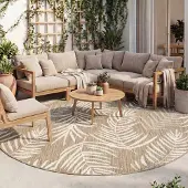 FRAAI Tapis d'extérieur rond | Malta Leaves Naturel | Ø 120cm | Crème | Rond | Tapis d'extérieur