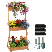 Relaxdays Jardin vertical , en bois, dimensions : 140 x 60 x 50 cm, jardinière surélevée à 3 bacs, jardinière à étages pour balcon ou terrasse, toile de paillage et accessoires, marron