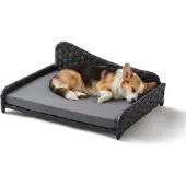 Relaxdays Lit pour chien en rotin, L, dimensions : 25 x 63 x 46 cm, couchage surélevé avec coussin, canapé pour chien, pour l'extérieur et l'intérieur, gris
