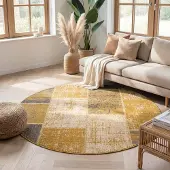 FRAAI Tapis patchwork rond | Spring Jaune Ocre/Taupe | Ø 280cm | Jaune | Rond | Tapis