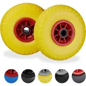 Relaxdays Lot de 8 roues pour diable, pneus en caoutchouc plein PU 3.00-4" anti-crevaison, axe de 25 mm, charge maximale de 80 kg, dimensions 260 x 85 mm, jaune et rouge