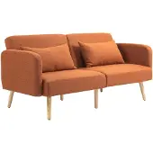 HOMCOM Canapé convertible 3 places, canapé-lit 2 places, dossier inclinable et accoudoirs réglables, clic clac en tissu effet lin, pieds en bois massif, 2 coussins lavables, marron