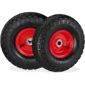 Relaxdays 4 roues de diable 4.1/3.5-4, roues de rechange à pneumatiques, pour axe de 16 mm, charge maximale de 136 kg, jante en acier, 260 x 85 mm, noir et rouge