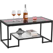 Vevor Table basse Table d'appoint en verre trempé avec éclairage, table rectangulaire en verre à deux niveaux & espace de rangement ouvert, table basse en métal pour salon bureau 100 x 51 x 48 cm Noir