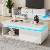 MODFU Meuble TV 181 cm, LED Intégrée et Façade Brillante, Blanc