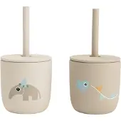 Done by Deer Celebration Silicone Pack Of 2 Cups With Straws Beige
