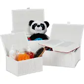 Relaxdays Lot de 12 paniers de rangement, avec couvercle et doublure en tissu, paniers en bambou, boîtes de rangement décoratives, 3 tailles, paniers d'étagère, blancs