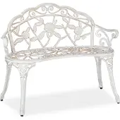Relaxdays Banc de jardin , 2 places, motif roses, terrasse, balcon, aluminium et fonte, banc de style ancien, 78 x 98 x 57 cm, blanc/bronze