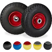 Relaxdays 4 roues de diable, pneus en caoutchouc plein anti-crevaison, jante en acier 3.00-4", axe de 20 mm, charge maximale 100 kg, roue de secours 260 x 85 mm, noir et rouge