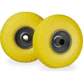 Relaxdays Lot de 4 roues pour diable, anti-crevaison, pneus en caoutchouc plein 3.00-4 PU, jante en acier, axe de 25 mm, charge maximale de 100 kg, dimensions 260 x 85 mm, couleur jaune-gris