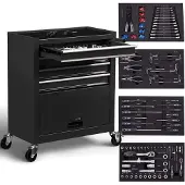Arebos Servante d'atelier, 4 tiroirs, 81 outils, tapis antidérapants, noir