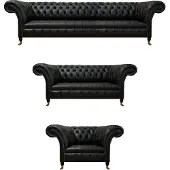 AEA Wohnzimmer Sofagarnitur Schwarz 3tlg Luxus Design Chesterfield