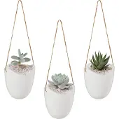 Relaxdays Lot de 3 vases muraux , pot suspendu à l'intérieur, avec cordon de suspension, pot suspendu, pour plantes et fleurs, céramique, blanc