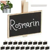 Relaxdays 80 pinces pour ardoise, pour écrire dessus, étiquettes pour plantes aromatiques réutilisables, craie incluse, étiquettes pour plantes, bois, naturel/noir