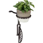 Relaxdays 3 supports muraux pour pots de fleurs « Unicycle », en fonte, supports décoratifs pour pots de fleurs d'extérieur, résistants aux intempéries, Ø 13 cm, marron foncé