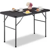Relaxdays Table de jardin , aspect bois, rectangulaire, H x l x P : 74 x 118 x 60 cm, plastique, métal, table de terrasse pliante, noire
