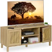 Relaxdays Meuble TV bas , style rotin, meuble TV pouvant accueillir des écrans jusqu'à 50 pouces, aspect bois, dimensions : 48 x 115 x 40 cm, meuble TV, couleur naturelle