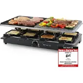 Emerio Grill en pierre Gourmet – Appareil à raclette – 1400 W – 8 personnes – Thermostat réglable – 8 spatules en bois et poêlons inclus – RG-110035