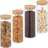 Relaxdays Bocaux de conservation avec couvercle en bambou, lot de 4, bocaux ronds en verre, 1 600 ml, hermétiques, transparents/naturels
