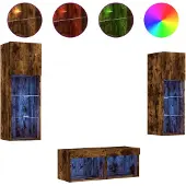 vidaXL Meuble TV 4 pièces avec lampes LED chêne fumé